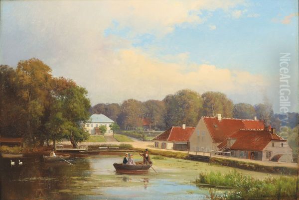 Scenery from Radvad, Denmark, with people rowing. - view 1