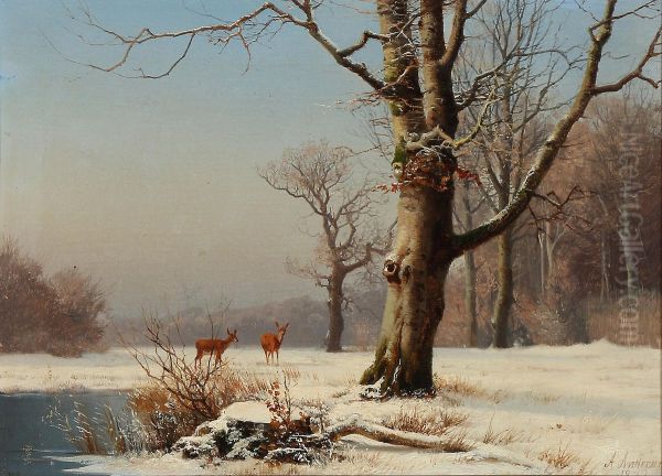 Winter landscape with some deer. - view 1