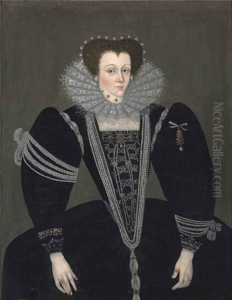 Portrait of a lady, three-quarter-length, in a black dress embellished with jewels and pearls, a lace ruff and a pearl headdress - view 1