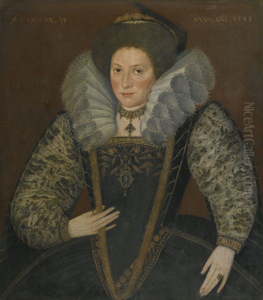 Portrait of a Lady wearing an embroidered dress with blackwork sleeves. - view 1