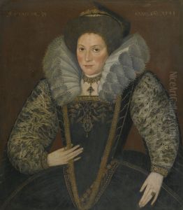 Portrait of a Lady wearing an embroidered dress with blackwork sleeves.