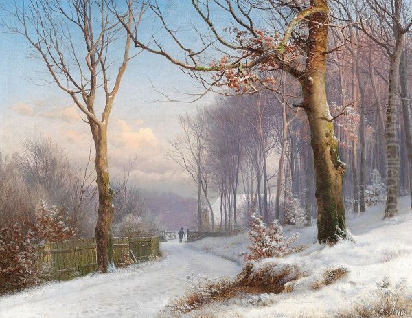 A man walking on a road through the woods on a clear winter day. - view 1