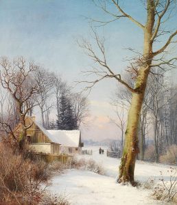 A sunny winter day with a woman and a boy near a farmhouse. by Anders Andersen-Lundby