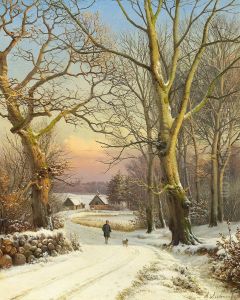 Vinterdag i skoven, Nordsjaelland. En mand lufter hunden. by Anders Andersen-Lundby