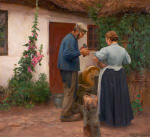 A man and a woman at a whetstone. A man and a woman at a whetstone.