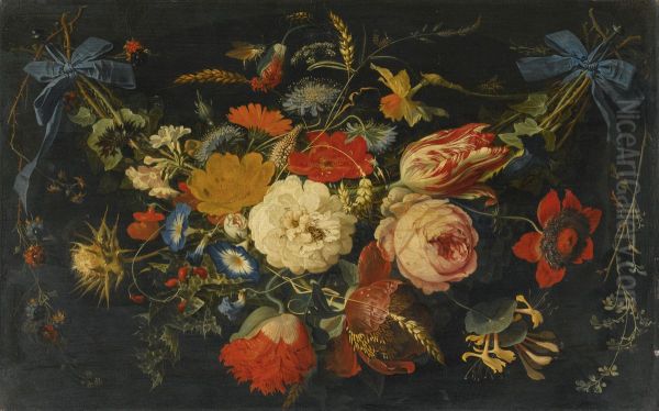 Hanging garland of flowers and fruit, including roses, tulips and raspberries, along with a variety of insects - view 1