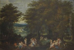 Forest landscape with Diane discovering the pregnancy of Callisto, and a view of the priory of Groenendael