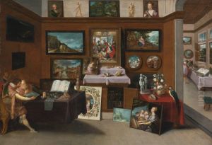 The interior of a picture gallery with connoisseurs admiring paintings by Frans Francken the Younger