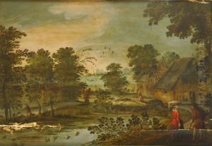 Landscape with figures at the entrance of a village
