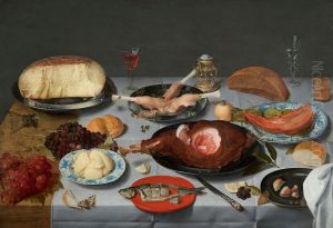 Still life with oysters, roasted chicken, sweets and dried fruits by Jacob van Hulsdonck
