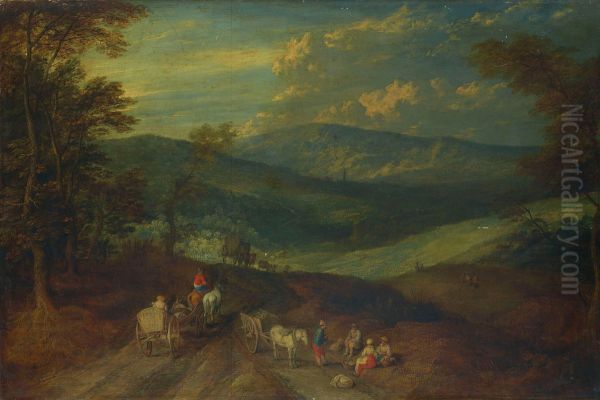 An extensive mountainous landscape with travellers on a path. - view 1