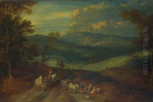 An extensive mountainous landscape with travellers on a path. by Jan Brueghel the Younger