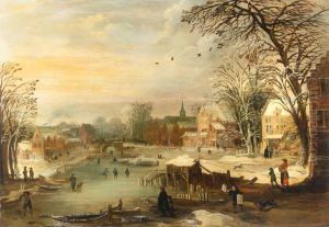 Winter village landscape by a frozen river by Joos de Momper the Younger