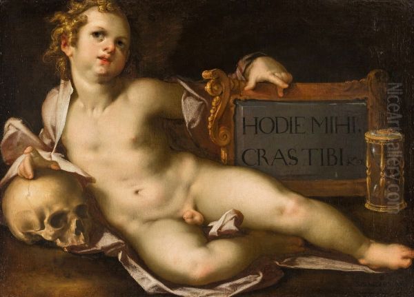 Vanitas - putto z czaszka i klepsydra. - view 1
