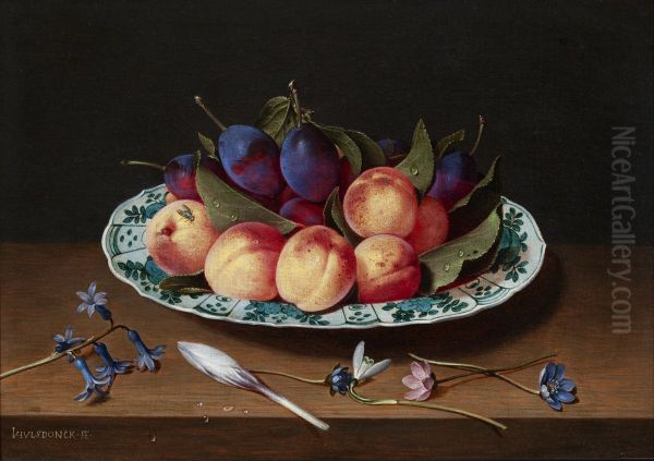 Nectarines and plums in a Wan Li dish - view 1