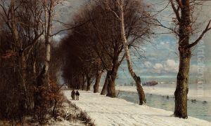 Winter landscape with wanderers.