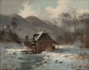 Winter landscape with a water mill. by Anders Andersen-Lundby