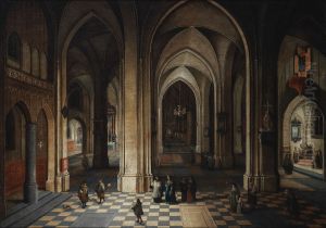 Interior of a cathedral at night, with elegant figures attending a mass
