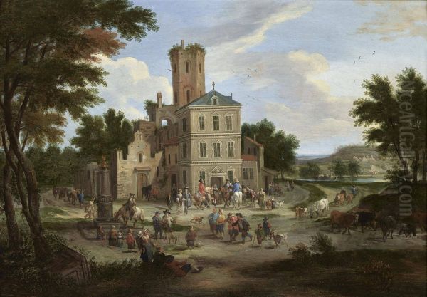Townsfolk gathering outside a Public Buildings - view 1