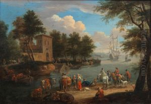 River landscape with figures on horseback on the banks and shipping at anchor beyond by Mathys Schoevaerdts