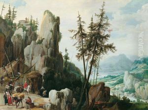 Rocky landscape with travelers Rocky landscape with travelers