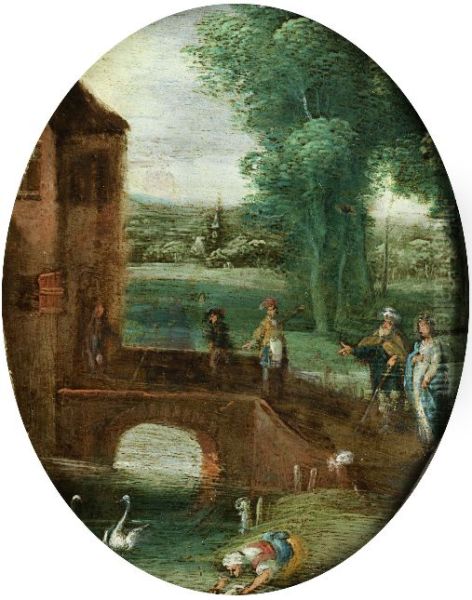 Noble couple in front of the bridge to a house - view 1