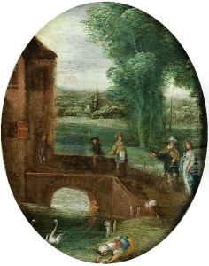 Noble couple in front of the bridge to a house Noble couple in front of the bridge to a house
