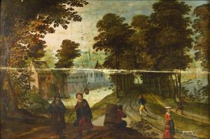 Landscape with castle and figures on a country road. by Jasper van der Lanen
