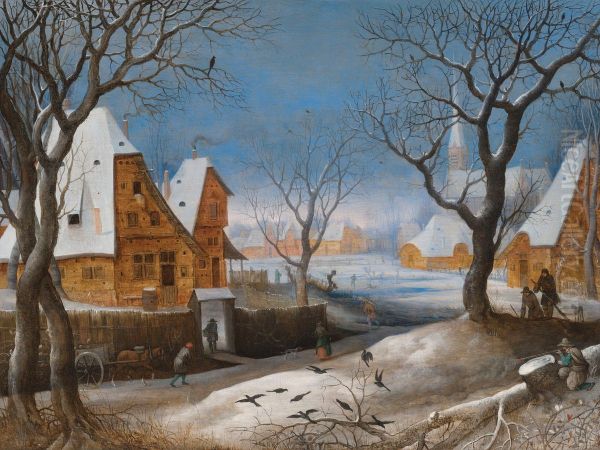 Winter landscape, with figures in a village - view 1
