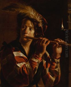 Young man playing the flute by candlelight by Jan Cossiers