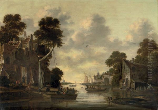 River landscape with fishermen and their boats by a village - view 1