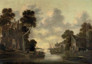 River landscape with fishermen and their boats by a village by Thomas Heeremans