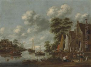 River landscape with ferry boats and other vessels, figures disembarking by an inn
