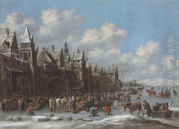 Winter landscape with villagers on a frozen lake outside a town - view 1