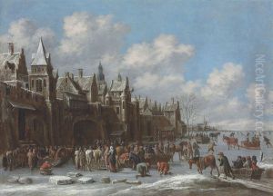 Winter landscape with villagers on a frozen lake outside a town by Thomas Heeremans