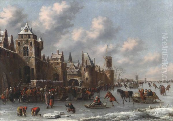 Winter landscape with figures skating and sledging on a frozen moat by a fortified town - view 1