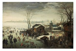 a landscape with elegant figures skating and boys fighting with snowballs in the foreground, beside a village and a view of Antwerp in the distance beyond by Jan Wildens