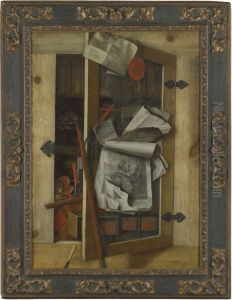 Trompe-l'oeil of an open cabinet with an engraving of Titian's Bravo and assorted objects