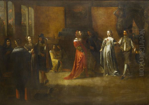 Elegant figures merrymaking in an interior - view 1