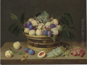 Peaches, plums and grapes in a wicker basket, with fruit and a butterfly on a wooden table by Jacob van Hulsdonck