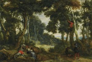 Wooded landscape with brigands playing dice, another brigand up in a tree, on the lookout