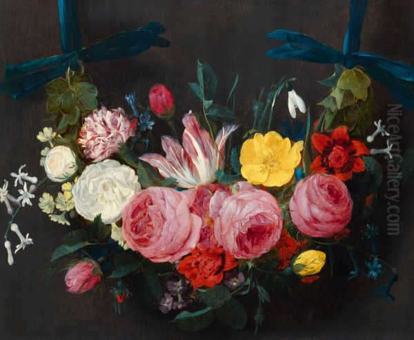 Garland of flowers with roses, tulips, carnations, lily of the valley, violets and ivy on blue ribbons - view 1