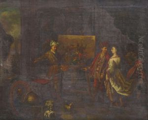 An artist and patrons in a studio