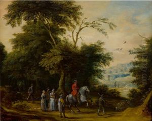 Wooded landscape with a cavalryman and other figures in the foreground