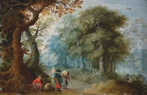 Wooded landscape with travellers on a track Wooded landscape with travellers on a track