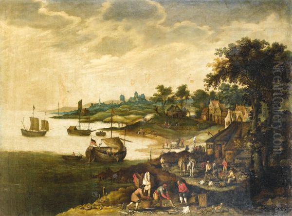 River landscape with fishermen returning to shore, with shipping in the distance - view 1