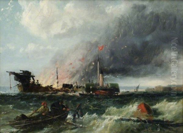 Burning of the 'Eastern Monarch' off Fort Monckton - view 1