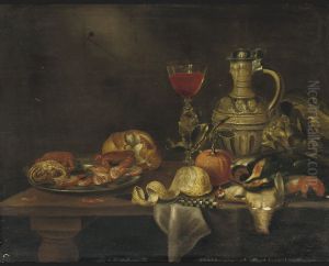 Silver plate with seafood, a roll of bread, a 'Facon-de-Venise of red wine', a 'keulse pot', an artichoke, dead birds, an orange, a partially pealed lemon and a knife by Alexander Adriaenssen