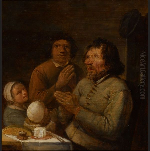 Interior with a peasant family praying - view 1