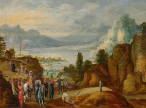 Mountain landscape with William Tell shooting his bow and arrow